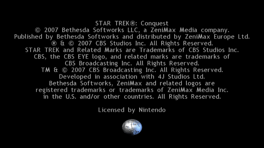 Star Trek: Conquest (Wii) screenshot: Publishing and Copyright Information