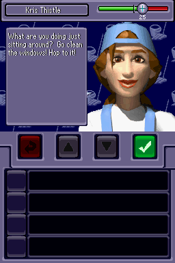 The Urbz: Sims in the City (Nintendo DS) screenshot: Talking to other characters in the game will be done through a dialogue screen, which tracks how much the person likes you, as well as giving you reactions to your responses.