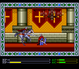 Exile (TurboGrafx CD) screenshot: This horse-riding boss stabs me in the back!..
