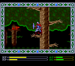 Exile (TurboGrafx CD) screenshot: It's time to visit some tropical jungle. Beautiful butterflies attack as Sadler jumps from branch to branch