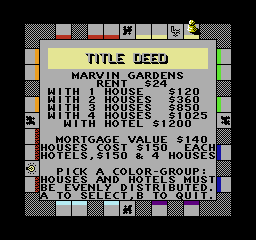 Monopoly (NES) screenshot: A title deed.