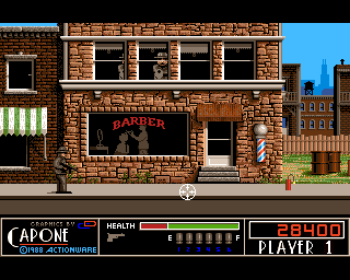 Capone (Amiga) screenshot: Level 2 - it's getting harder. Walking guys when killed they leave a dynamite stick that explodes! Shoot it as well!