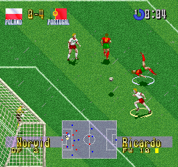 International Superstar Soccer Deluxe (PlayStation) screenshot: Bicycle kick.