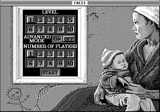 Faces ...tris III (Macintosh) screenshot: Level selection screen (B&W)