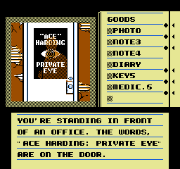 Deja Vu: A Nightmare Comes True!! (NES) screenshot: Either that shadowy figure is - A hit man, an in-law, or an IRS agent - bad news in any case!