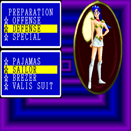 Mugen Senshi Valis II (Sharp X68000) screenshot: Here you can change Yuko's weapons and armor. And yes, armor is visible!