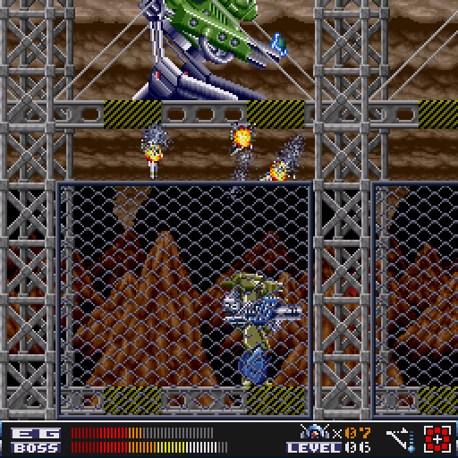 Aquales (Sharp X68000) screenshot: Nope, the homing missiles won't get to the upper floor. I'll have to jump there myself to deal with the boss