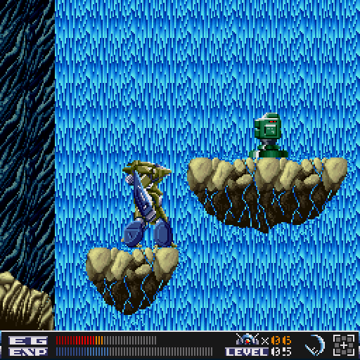 Aquales (Sharp X68000) screenshot: Typical platform system with a pesky sentry droid. I prepare my blade to deal with him