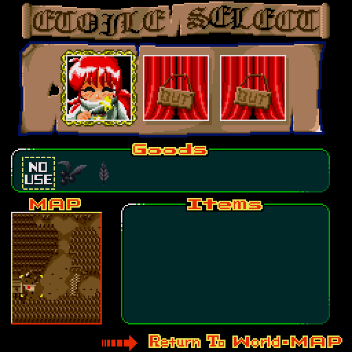 Étoile Princesse (Sharp X68000) screenshot: Character selection, map, and item screen