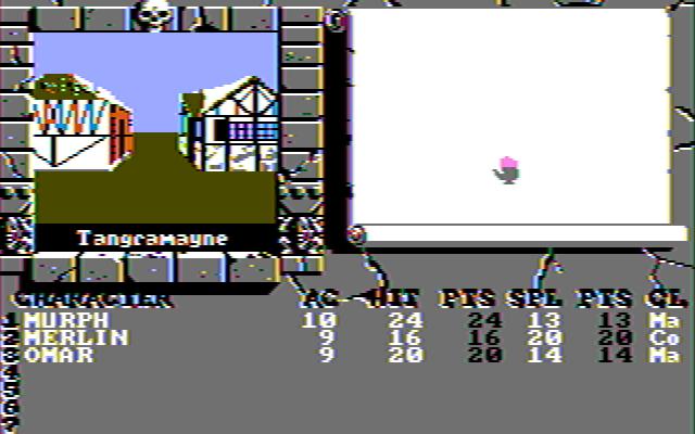 The Bard's Tale II: The Destiny Knight (DOS) screenshot: Exploring the town (CGA w/Composite Monitor)