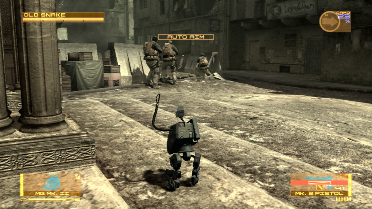Metal Gear Solid 4: Guns of the Patriots (PlayStation 3) screenshot: Metal Gear Mk. II can be controlled directly and it has a variety of uses. For example, it can stun enemies, collect weapons and items, and turn invisible.