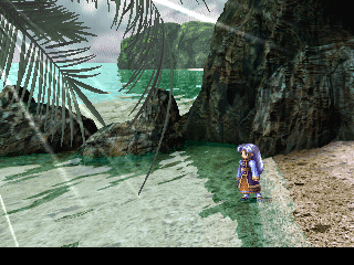 Valkyrie Profile (PlayStation) screenshot: Lenneth is relaxing on the beach. Ragnarok can wait!