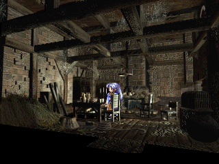 Valkyrie Profile (PlayStation) screenshot: Entering a house. There are very small pre-rendered videos that add animation to the picture