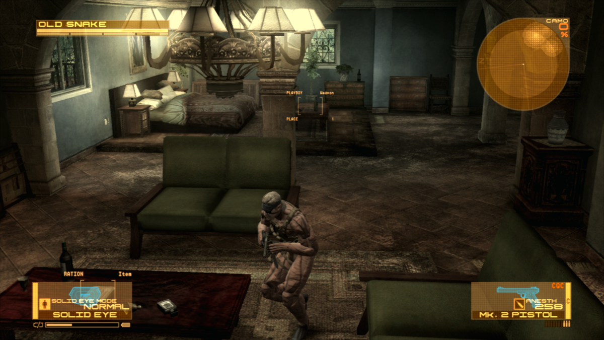 Metal Gear Solid 4: Guns of the Patriots (PlayStation 3) screenshot: Snake inside a mansion. His OctoCamo is so advanced it will try to mimic any surface you want