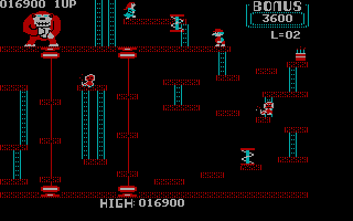 Donkey Kong (PC Booter) screenshot: Level 4 - Last bit is the hardest part of this level (CGA without Full Color)