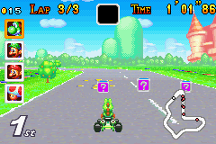 Mario Kart: Super Circuit (Game Boy Advance) screenshot: Grab a box and get an item that you can use to slow down the other drivers.