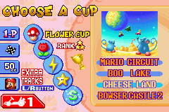 Mario Kart: Super Circuit (Game Boy Advance) screenshot: Cup selection (with 4 tracks per cup). The extra tracks are unlocked by winning the regular cups twice and collecting 100 coins in your second attempt.