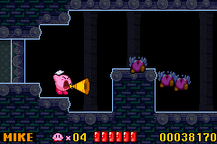 Kirby: Nightmare in Dreamland (Game Boy Advance) screenshot: Kirby screaming in the darkness