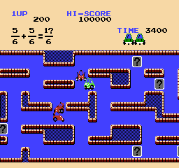 Sansū 4-nen: Keisan Game (NES) screenshot: Be careful not get into a car accident