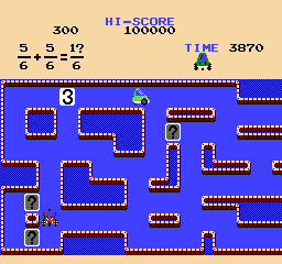 Sansū 4-nen: Keisan Game (NES) screenshot: Drive over the panels and select the correct number to solve the problem