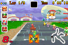 Mario Kart: Super Circuit (Game Boy Advance) screenshot: Get a speed boost at the starting line by hitting the gas just before Lakitu's final light is illuminated.