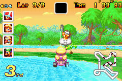 Mario Kart: Super Circuit (Game Boy Advance) screenshot: Drive into deep water and Lakitu will pull you out at the expense of a few coins.