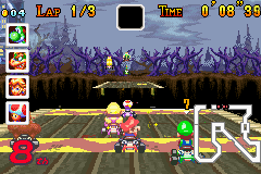 Mario Kart: Super Circuit (Game Boy Advance) screenshot: Zippers also boost your speed; you'll need the extra speed to make this big jump.