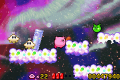 Kirby: Nightmare in Dreamland (Game Boy Advance) screenshot: Watch out Kirby, the UFOs are chasing you