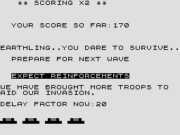 Centipede (ZX81) screenshot: Enemy reinforcements announced