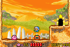 Kirby: Nightmare in Dreamland (Game Boy Advance) screenshot: The foe is riding in my maxi tomato