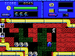 Blow Up! (MSX) screenshot: Green virus unleashed and swarms through the cave, you look a little pale
