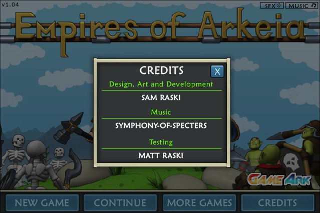 Empires of Arkeia (Browser) screenshot: Credits
