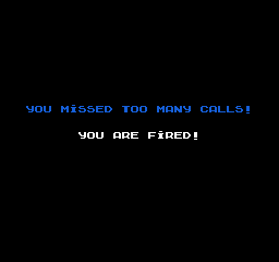 Zooming Secretary (NES) screenshot: Missed too many calls, game over.