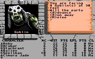 The Bard's Tale Construction Set (Amiga) screenshot: A group of goblins is near.