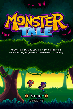 Monster Tale (Nintendo DS) screenshot: Title screen, complete with nice animated silhouettes of Ellie and Chomp and some lovely music.