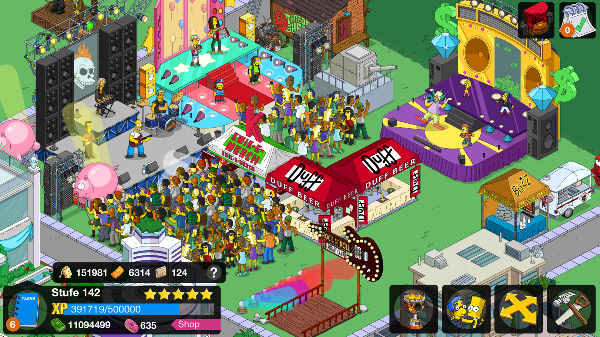 The Simpsons: Tapped Out (Android) screenshot: Homerpalooza Quest 2017: Festival-Area with jam sessions in progress