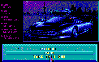 Deathtrack (DOS) screenshot: Car choice 1 - Pitbull