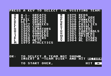 MicroLeague Baseball (Commodore 64) screenshot: Teams selection