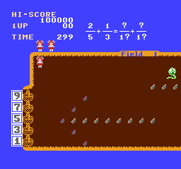 Sansū 5・6-nen: Keisan Game (NES) screenshot: Solving fraction problems on the field