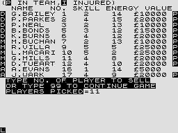 Football Manager (ZX81) screenshot: Player list