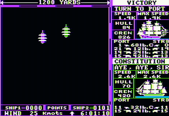 Broadsides (Apple II) screenshot: Ship battle screen