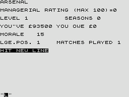 Football Manager (ZX81) screenshot: Manager status