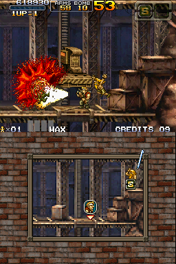 Metal Slug 7 (Nintendo DS) screenshot: The shotgun is too powerful than another weapon and causes the blood spills