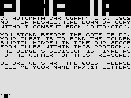 Pimania (ZX81) screenshot: Title screen and introduction
