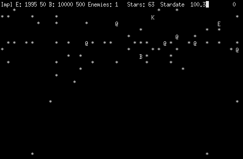 Warp (Mainframe) screenshot: Starting a game. There is one Klingon (K) on the map, with both the Enterprise (E) and Starbase (B) available for player control