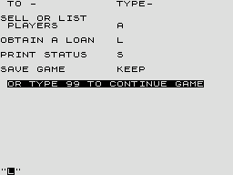 Football Manager (ZX81) screenshot: Main menu