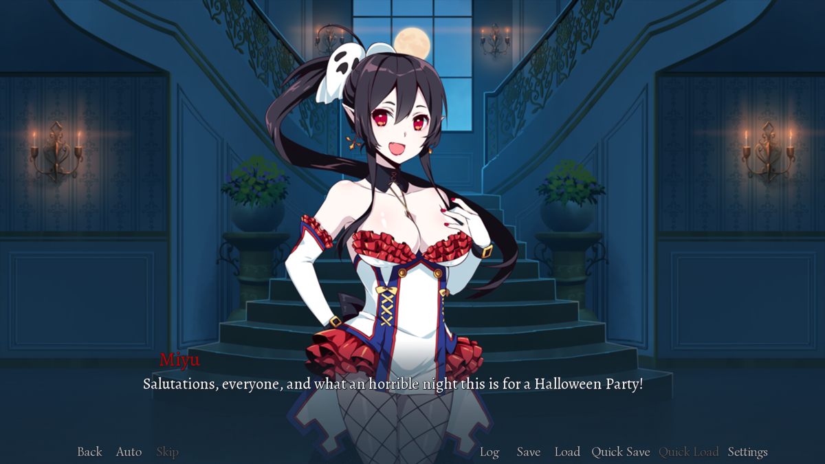 Sakura Halloween (Windows) screenshot: Miyu broke into the mansion and crashes the party