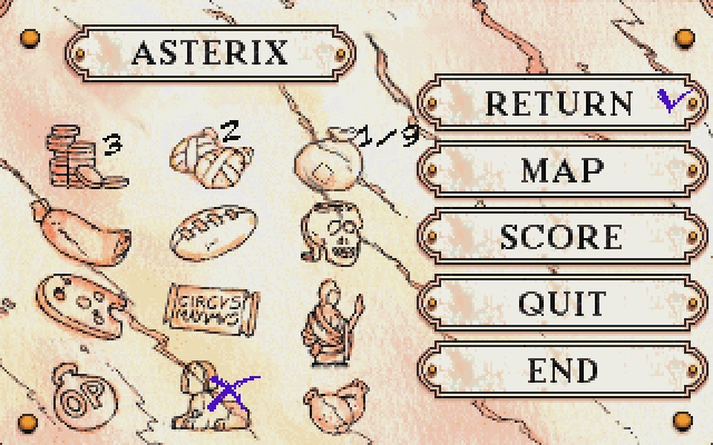 Astérix: Caesar's Challenge (DOS) screenshot: In this screen you can see the items you have