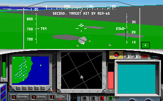F-15 Strike Eagle II (DOS) screenshot: Supply Dump (Secondary Target) Hit by ACM-65 (VGA)