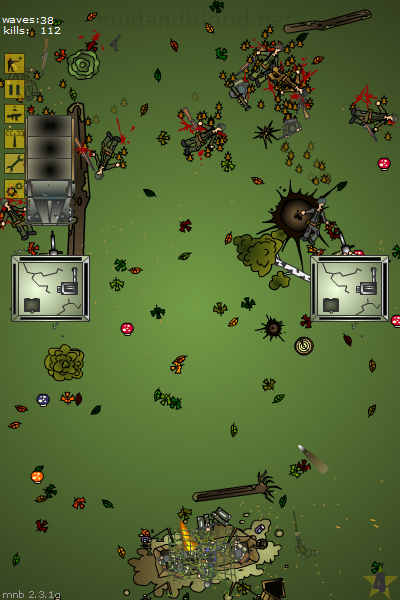 Mud and Blood 2 (Browser) screenshot: A medium-sized squad defends against the thirty-eighth wave.